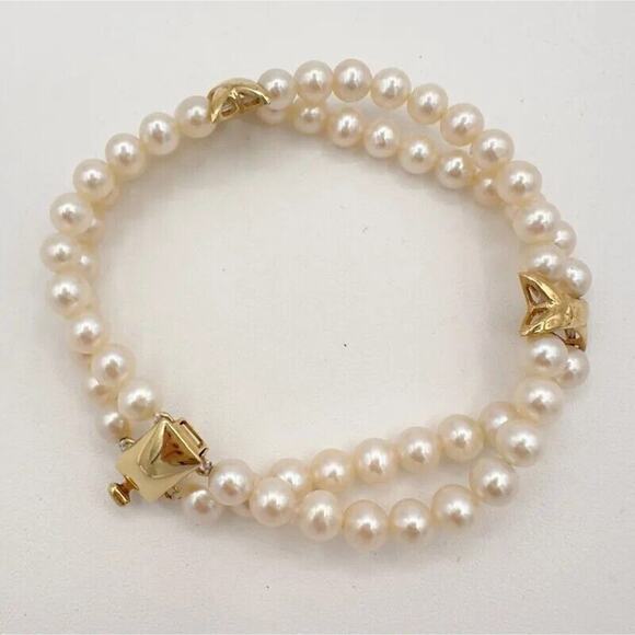 O.C. Tanner Double Strand Pearl Bracelet with 14K Yellow Gold Accents Marked 585 - Picture 1 of 13